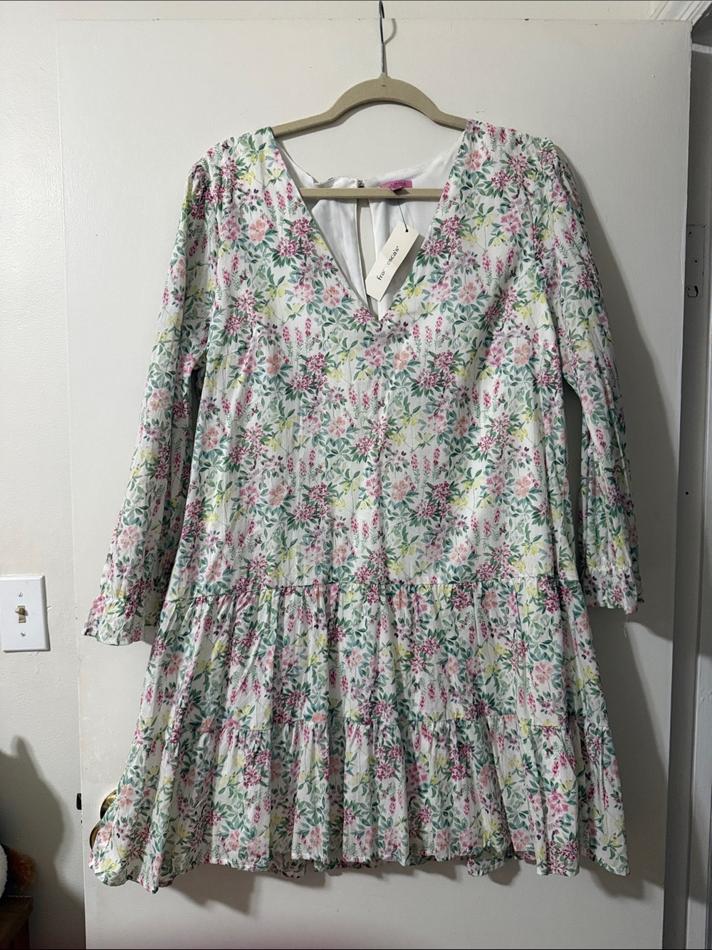 Francesca's White Floral V-Neck Dress with Pink, Green & Yellow Print